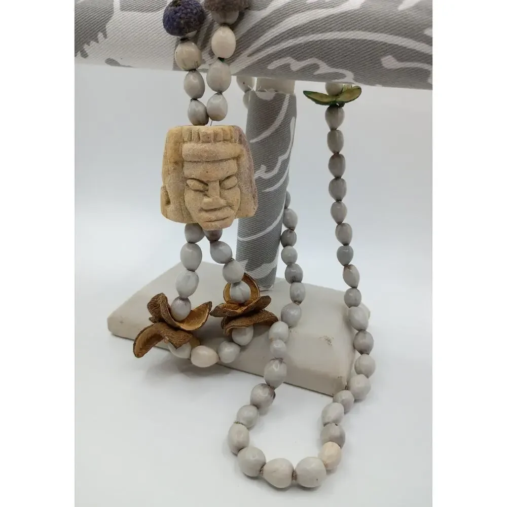 Vintage Mayan Carved Stone & Seed Pod Necklace